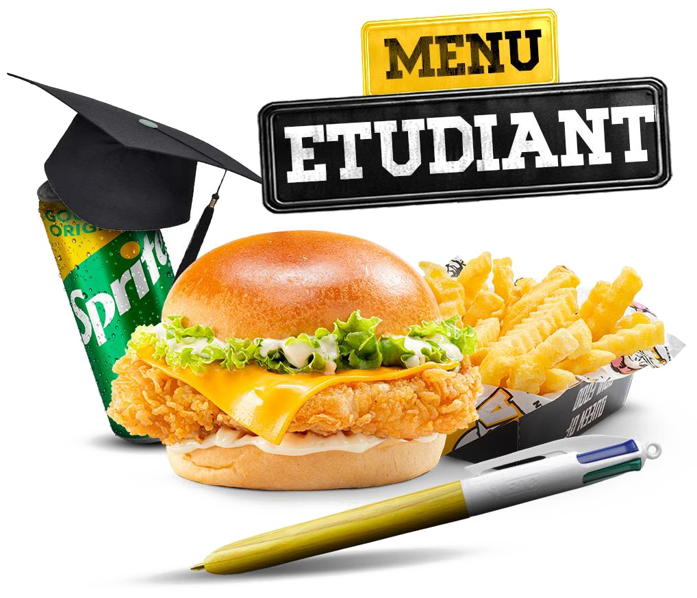 Menu Étudiant avec chicken burger, frites et boisson
