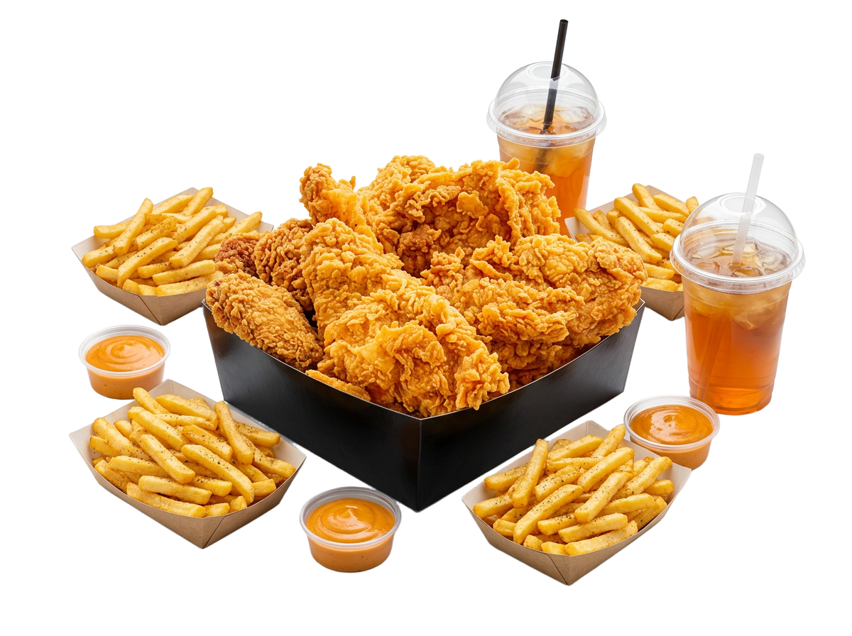 Formule Family Meal avec poulet frit, frites, sauces et boissons