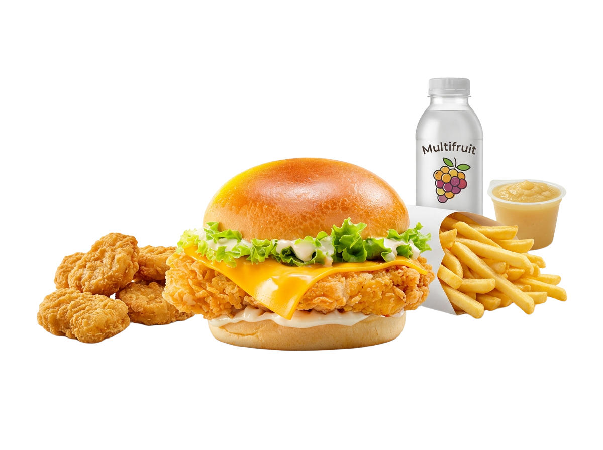 Menu enfant avec crispy burger, nuggets, frites, boisson et compote