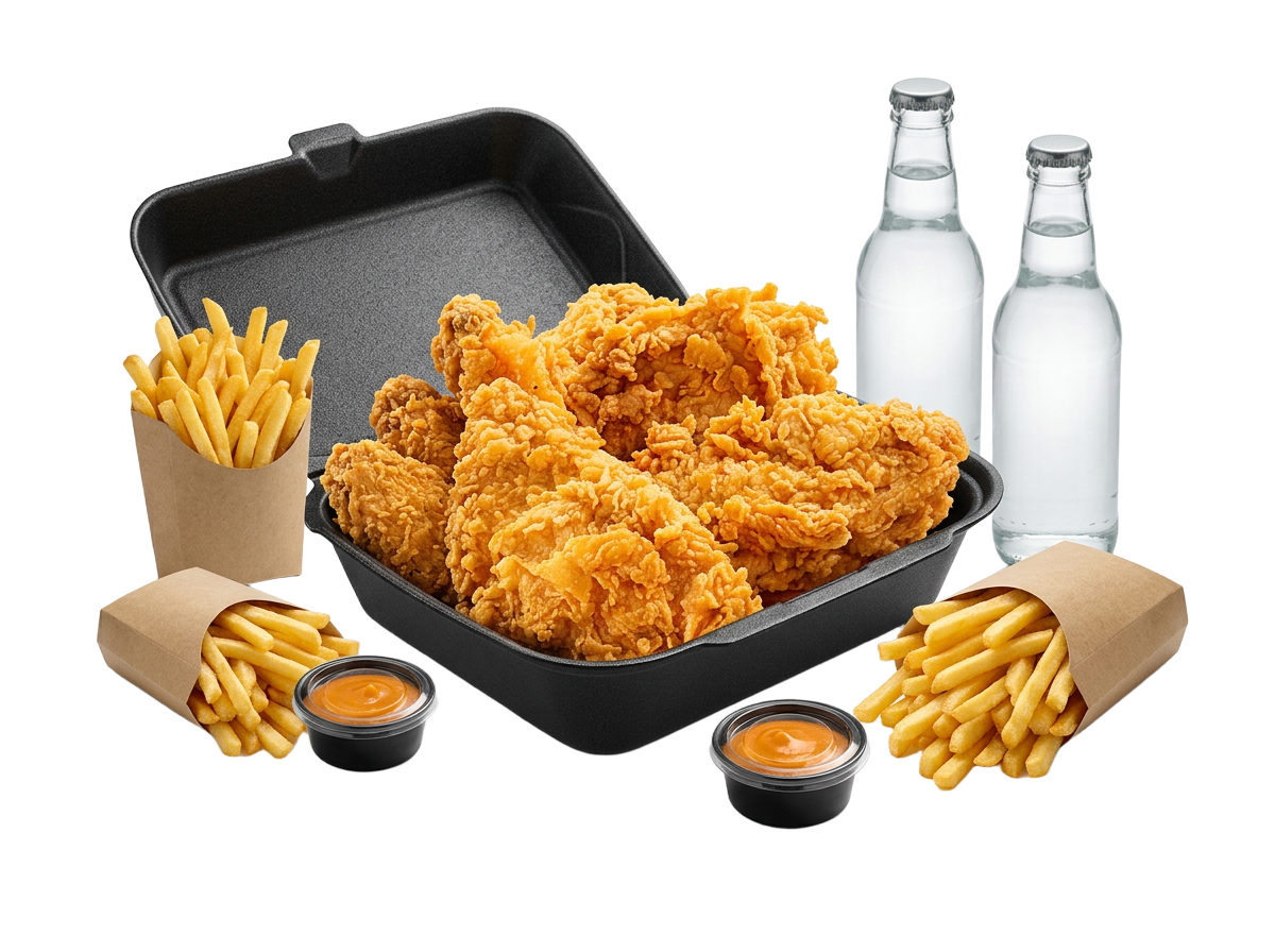 Formule Meal for 2 avec poulet frit, frites, sauces et boissons