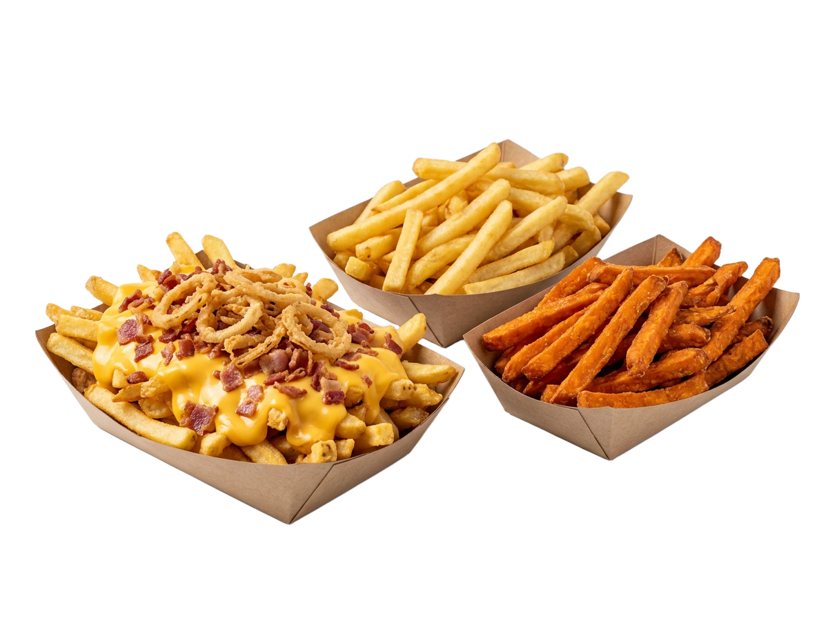 Frites classiques, frites de patate douce et frites cheddar bacon