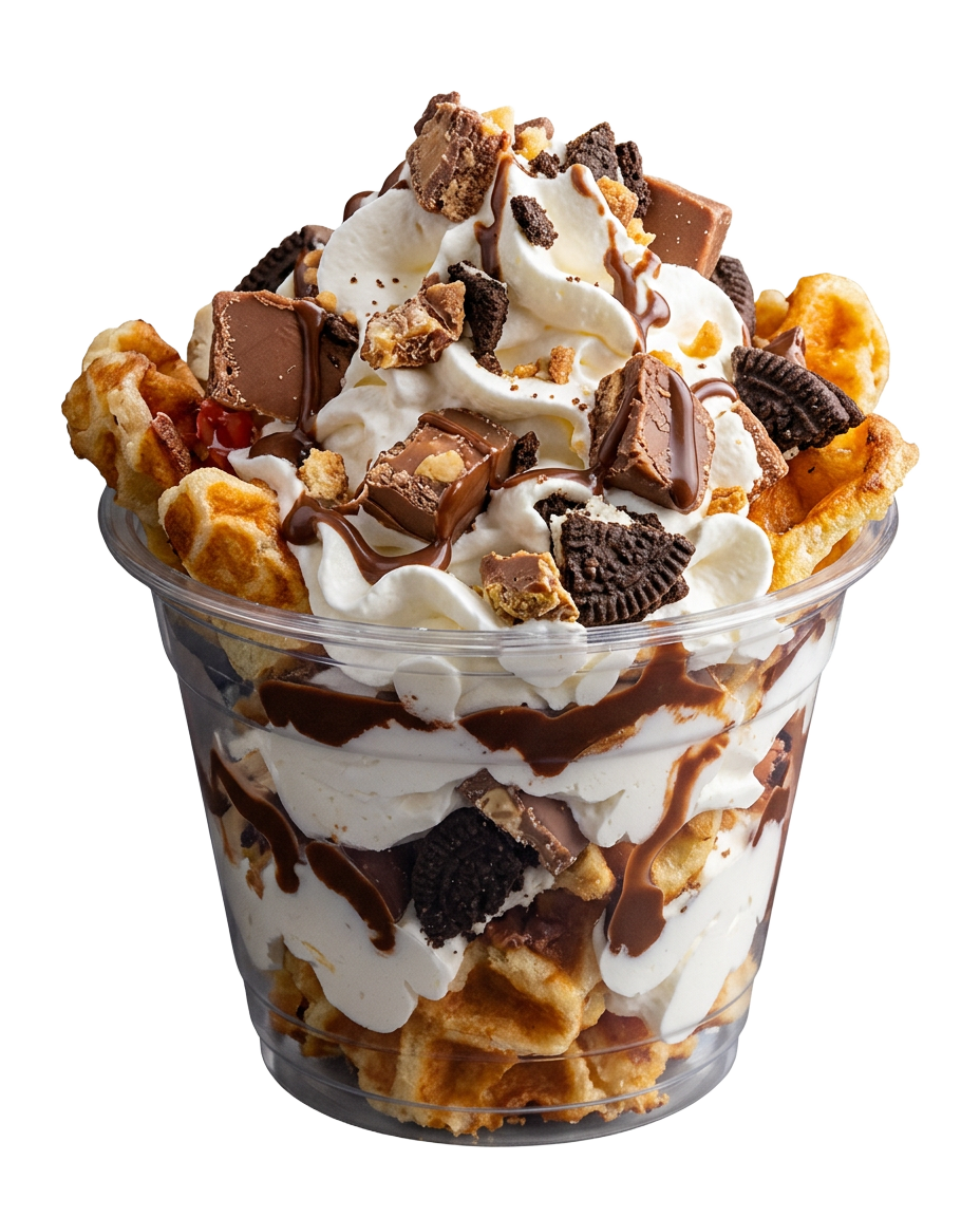 Waffle Cup avec gaufres, chantilly, chocolat et biscuits